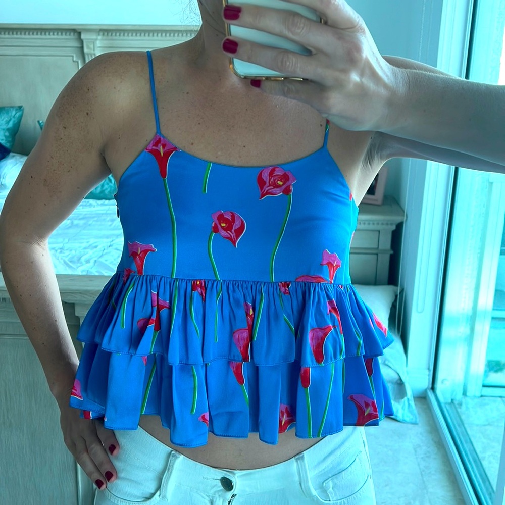 Caroline Constas size xs Nadine Calla Lily top in blue/floral silk & cropped top